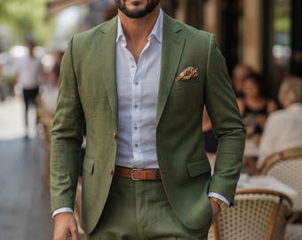 Green Linen Suit for Men: 2-Piece Wedding Groom Suit