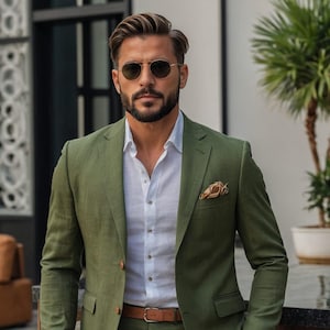 Pakken voor heren, groene linnen 2-delige pakken, bruidegoms dragen pakken, casual slim-fit jurk, 2-delige bruiloft, luxe linnen pakken, cadeau voor hem.