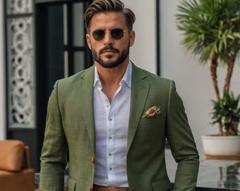Men Suits, Green Linen 2 piece suits, Grooms wear suits, Casual slim fit Dress, Wedding 2 piece , Luxury Linen Suits, Gift For Him.