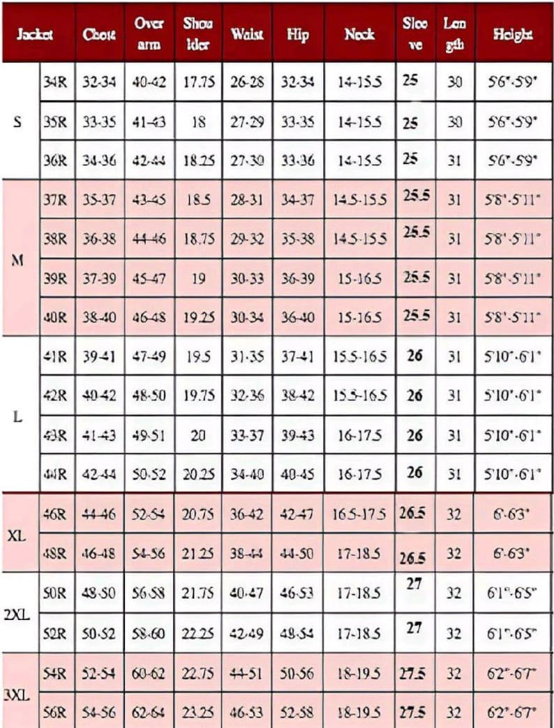 May include: A size chart for clothing with measurements in inches for jacket, chest, over arm, shoulder, waist, hip, neck, sleeve, length, and height.