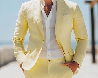 Light Yellow Linen Suit: Men's 2-Piece Wedding Suit