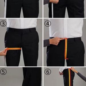 May include: A diagram showing how to measure for pants. The diagram shows six steps, numbered 1 through 6. Each step shows a person standing with a measuring tape around their body. The steps show how to measure the waist, hips, thigh, and inseam.