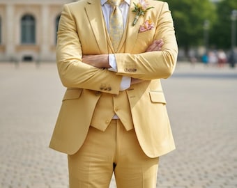 Men's Light Yellow 3-Piece Suit, Bespoke Wedding Outfit