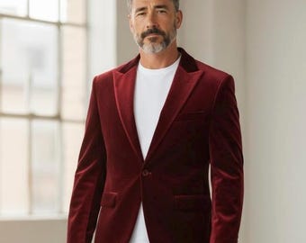 Men's Burgundy Velvet Blazer, Handmade Slim Fit, Groom Formal Wear