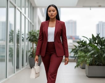 Custom Burgundy Women's Suit, Blazer, Vest & Pants (Made to