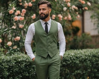 Men's Green Linen Vest and Pant Set: Lightweight Summer Outfit
