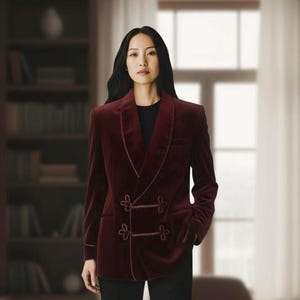 May include: A burgundy velvet blazer with a shawl collar and decorative frog closures. The double-breasted jacket has a tailored fit and is worn over a black top. The background features a bookshelf and a window.