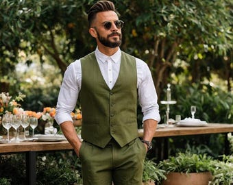 Men's Olive Linen Vest and Pant Set: Lightweight Summer Outfit