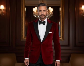 Velvet Tuxedo Blazer: Burgundy Slim Fit Jacket with Black Lapel