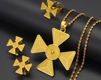 Ethiopian Cross Set Jewelry 18K Gold Plated