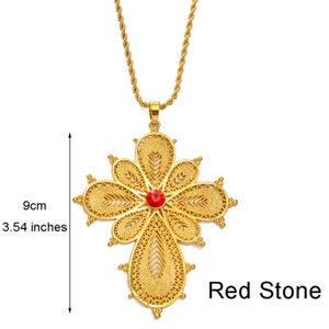 Red Stone Stunning Habesha Big Cross Pendant Necklaces - Gold-Plated / Necklace / Ethiopian / Eritrean / African Red Stone