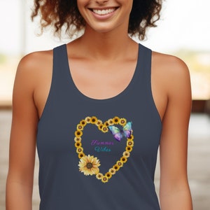 Summer Vibes Sunflower Heart Floral Racerback Tank Tops for Women, Sunflower and Butterfly Women&#39;s Tank Tops, Summer Tops for Teens