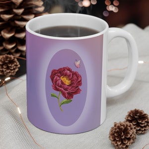 Maroon Peony and Butterfly Coffee Mug, Lavender Mugs for Women, Pretty Flower Cups, Butterfly Gifts, Cute Floral Coffee Mugs (11oz, 15oz)