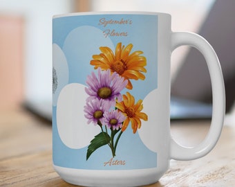 September's Birth Flowers/Asters & Morning Glory, mug (11oz, 15oz), Birth Month Flower Gifts for Women, Floral Coffee Mug September Birthday