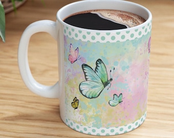 Pastell Schmetterling Kaffeetasse, Aquarell Schmetterling Design (11oz, 15oz)