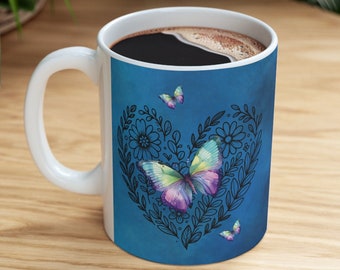 Rauchblaue Schmetterlings-Kaffeetasse, Blumenherz, Keramiktasse (11 Unze, 15 Unze)