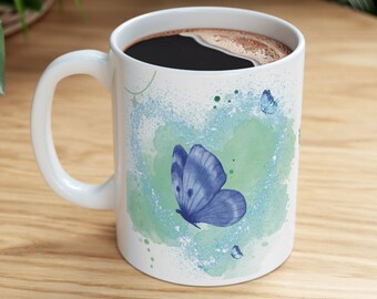 Watercolor Butterfly Coffee Mug, Light Blue Heart Design (11oz, 15oz)