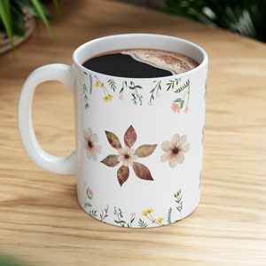 Pink Bronze Floral Coffee Mug, Cottagecore Flower Print, 11oz 15oz