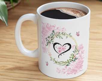 Pink Floral Butterfly Ceramic Mug, Watercolor Design (11oz, 15oz)