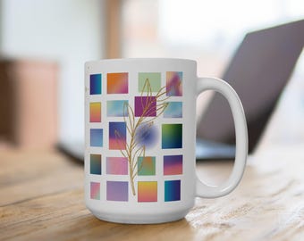 Geometric Coffee Mug: Multicolored Squares with Gold Feather Design on White (11oz, 15oz)