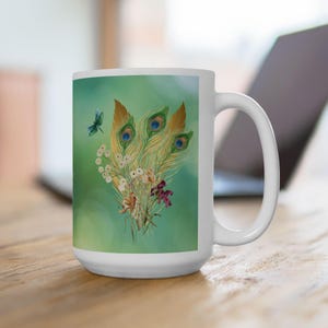 Colorful Peacock Feathers Green and Blue Coffee Mug for Women, Pretty Watercolor Flower Mug, Peacock Gifts for Women, (11oz, 15oz)