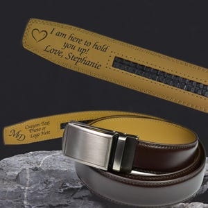 Personalized Ratchet Belt for Men: Custom Engraved Message, Faux Leather