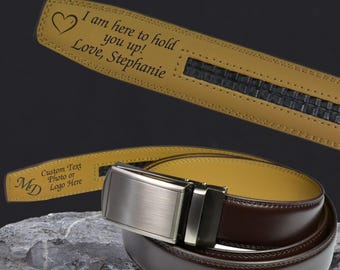 Personalized Ratchet Belt for Men: Custom Engraved Message, Faux Leather