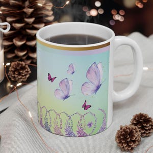 Pastel Floral Lavender and Fuchsia Butterfly Coffee Mug, Pretty Coffee Mugs for Women, Colorful Coffee Mugs for Her (11oz, 15oz)