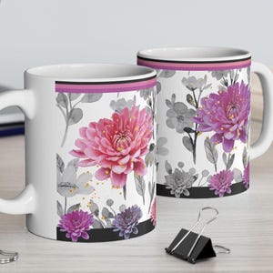 Fuchsia & Coral Chrysanthemums Floral Coffee Mug for Women, Butterfly and Wild Flower Gift Mug, Cute Mugs for Women (11oz, 15oz)