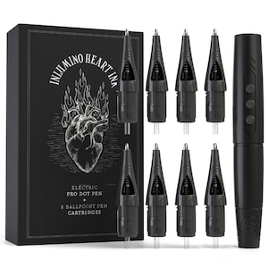 May include: A black box set of INIMINO HEART INK tattoo supplies, including an electric pro dot pen and eight ballpoint pen cartridges. The box features a heart illustration with flames. The pen and cartridges are black.