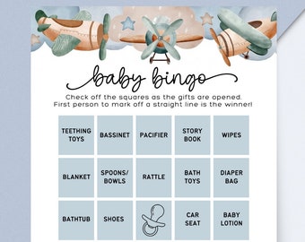 Modèle de bingo de douche de bébé d’avion, carte de jeu de douche de bébé imprimable, jeu de douche de bébé de bingo modifiable, jeux de douche de bébé de garçon