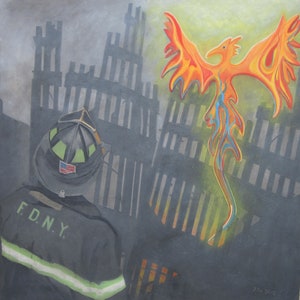Phoenix steigt aus der Asche,911,Ersthelfer,Ground Zero,Trade Towers,World Trade Center,Druck auf Leinwand