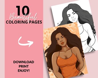 Peut inclure: Une page à colorier représentant une femme aux longs cheveux noirs et à la peau brune. Elle porte un haut orange sans manches et a un fond floral. Le texte "10 Beautiful Coloring Pages" est en haut de l'image.