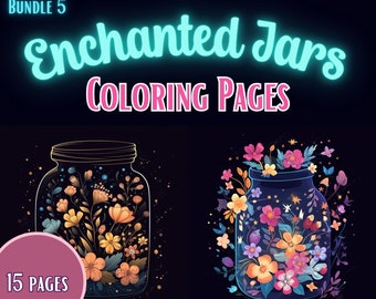 15 Enchanted Flowers in Jars Coloring Page, Fantasy Coloring pages, Adult Grayscale Coloring Pages Instant Download | Series 5