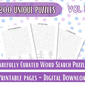200 Word Search Printable Puzzles, Instant Download, Printable Puzzle Pages for Adults, Word Search Puzzles, Includes Solutions | Vol 1