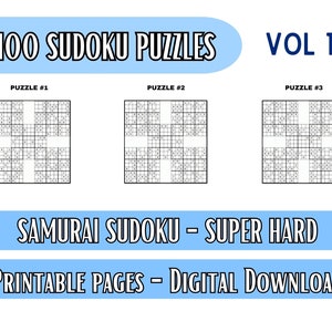 May include: A set of three Samurai Sudoku puzzles, labeled "Puzzle #1", "Puzzle #2", and "Puzzle #3". The puzzles are labeled "Super Hard" and are for digital download.