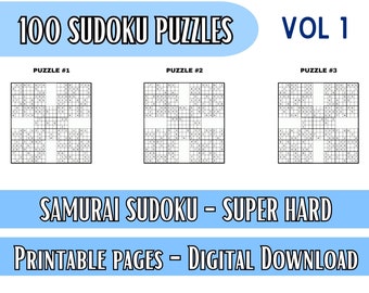 May include: A set of three Samurai Sudoku puzzles, labelled "Puzzle #1", "Puzzle #2", and "Puzzle #3". The puzzles are labelled "Super Hard" and are for digital download.