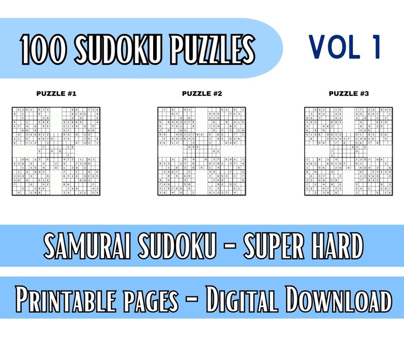 May include: A set of three Samurai Sudoku puzzles, labeled "Puzzle #1", "Puzzle #2", and "Puzzle #3". The puzzles are labeled "Super Hard" and are for digital download.