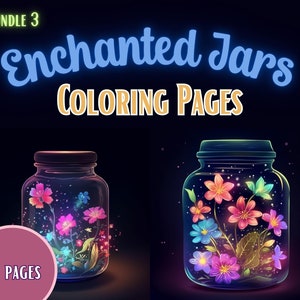 15 Enchanted Flowers in Jars Coloring Page, Fantasy Coloring pages, Adult Grayscale Coloring Pages Instant Download | Series 3