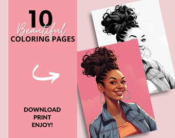 Peut inclure: 10 Belles Pages à Colorier. Téléchargez, imprimez et amusez-vous ! Une illustration en noir et blanc d'une femme aux cheveux bouclés en chignon, portant une veste en jean et un collier. La femme sourit.