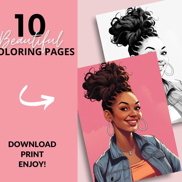 10 Black Woman Coloring Pages, African American Coloring pages, Adult Grayscale Coloring Pages Digital Coloring Book | Series 28