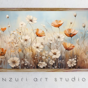 Floral Field Samsung TV Art Frame, Samsung Frame tv Art Still Life Painting, Farmhouse Aesthetic TV Art, Muted Colors tv Art Frame