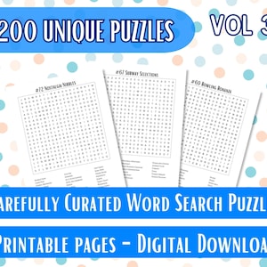 200 Word Search Printable Puzzles, Instant Download, Printable Puzzle Pages for Adults, Word Search Puzzles, Includes Solutions | Vol 3