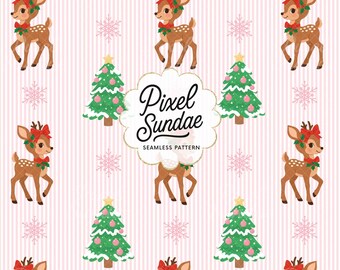 May include: A seamless pattern featuring cartoon reindeer with red bows and holly, green Christmas trees, and pink snowflakes on a pink striped background. The text "Pixel Sundae" is in a white cloud-shaped frame.