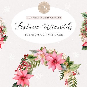 Pack de cliparts Couronne de Noël aquarelle, Couronne rose aquarelle, Couronne d'hiver, Clipart carte de vœux, PNG transparent, pour usage Commercial
