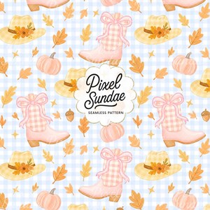 May include: A seamless pattern featuring watercolor illustrations of pink cowboy boots with gingham accents, straw hats with floral details, pumpkins, and autumn leaves on a light blue gingham background. The text "Pixel Sundae" is also present.
