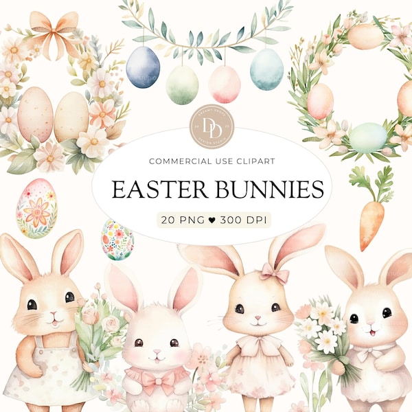 Cute Easter Bunny Clipart Pack, Pastel Watercolor Spring Bunnies, Boho Nursery PNG, Commercial Use, Transparent Png, Digital Download