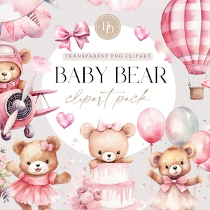 Paquete de imágenes prediseñadas de globos de osito de peluche, imágenes prediseñadas de animales con globos, imágenes prediseñadas de osito de peluche rosa para niñas, PNG para uso comercial, imágenes prediseñadas de baby shower, BRCA