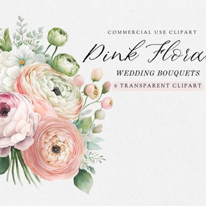 Pink Watercolor Floral Clipart Pack, Pink Flower Clipart, Clip Art For Commercial Use, Wedding Clipart, Transparent PNGs, Wedding Clipart