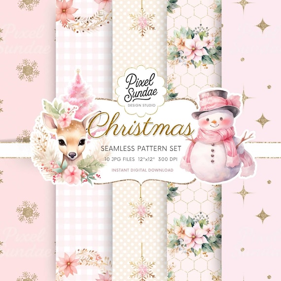 Pink Christmas Digital Paper, Pink Christmas Background, Junk Journal, Card Making, Pastel Christmas Ephemera, Scrapbook Paper, CRPK
